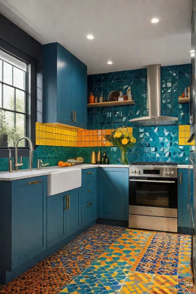 Vibrant kitchen with mosaic tile countertop and patterned backsplash