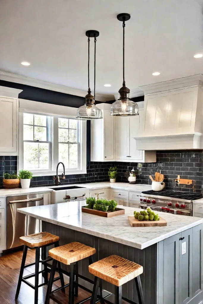 Vintagestyle pendant lights and crown molding in an open kitchen