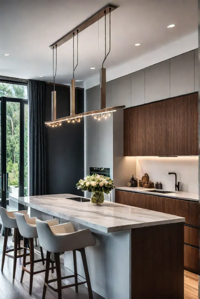 Warm and inviting kitchen with a mix of pendant recessed and undercabinet lighting