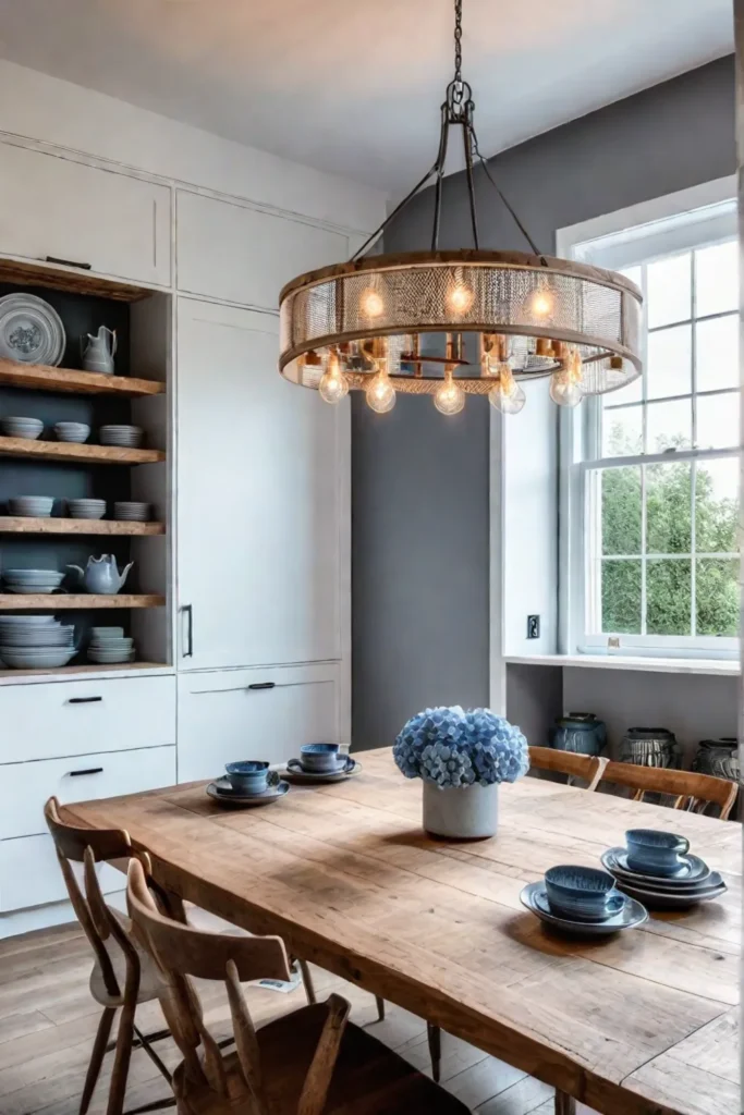 bright farmhouse kitchen with open shelving and chandelier
