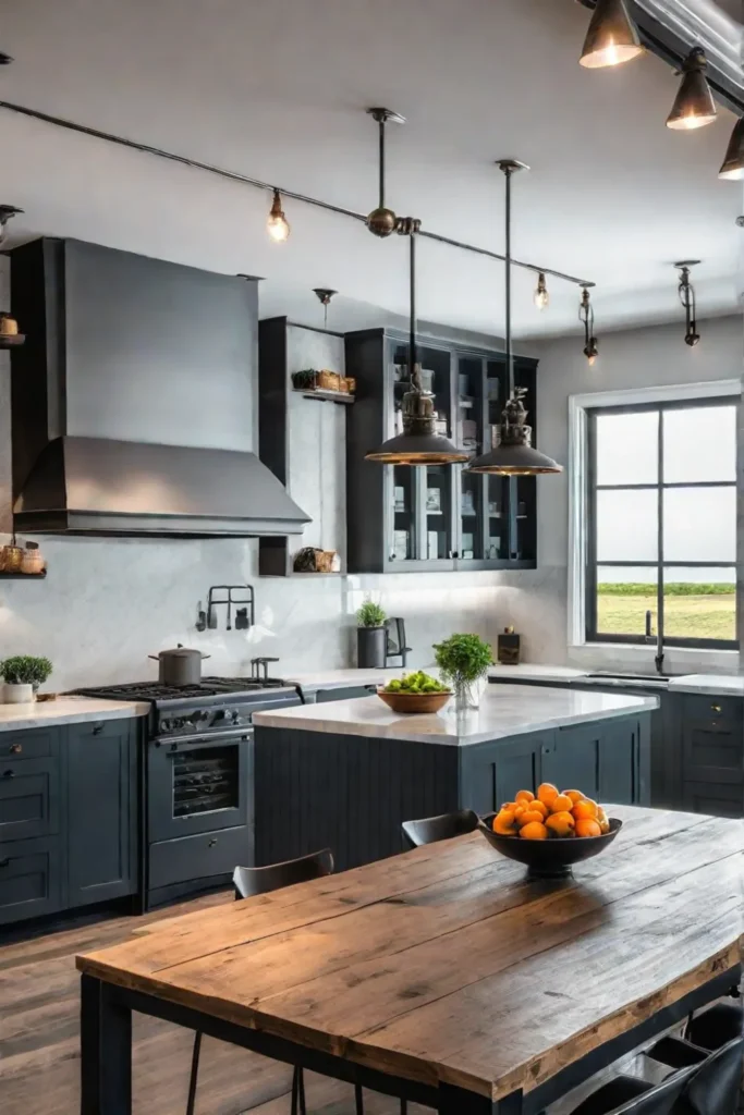 farmhouse kitchen with industrial shelving and statement lighting