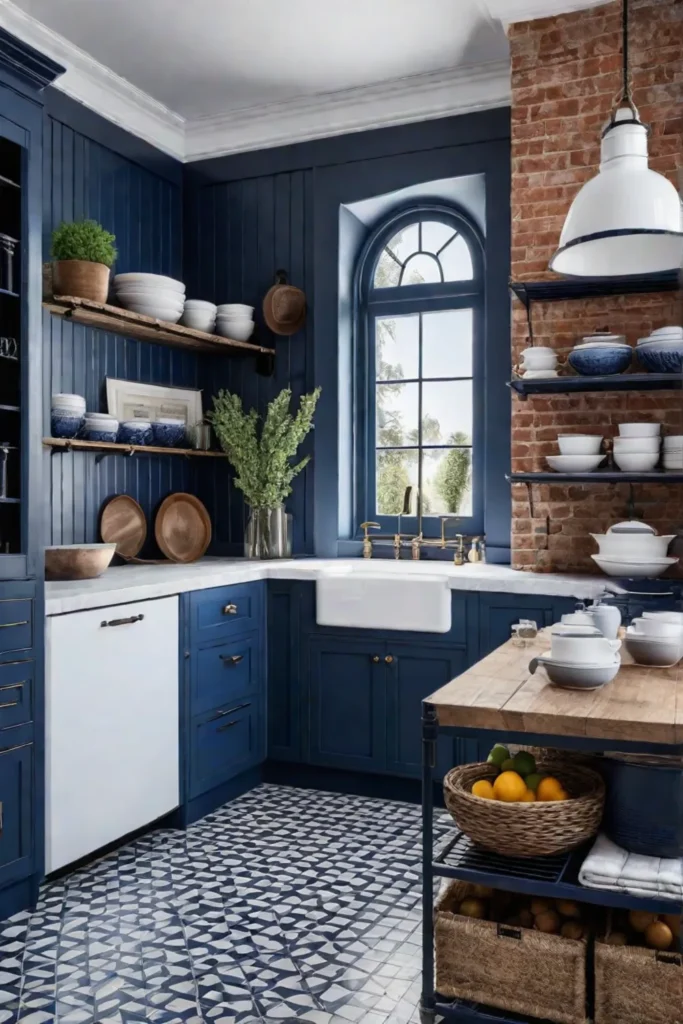 farmhouse kitchen with navy and white cabinets and industrial shelving