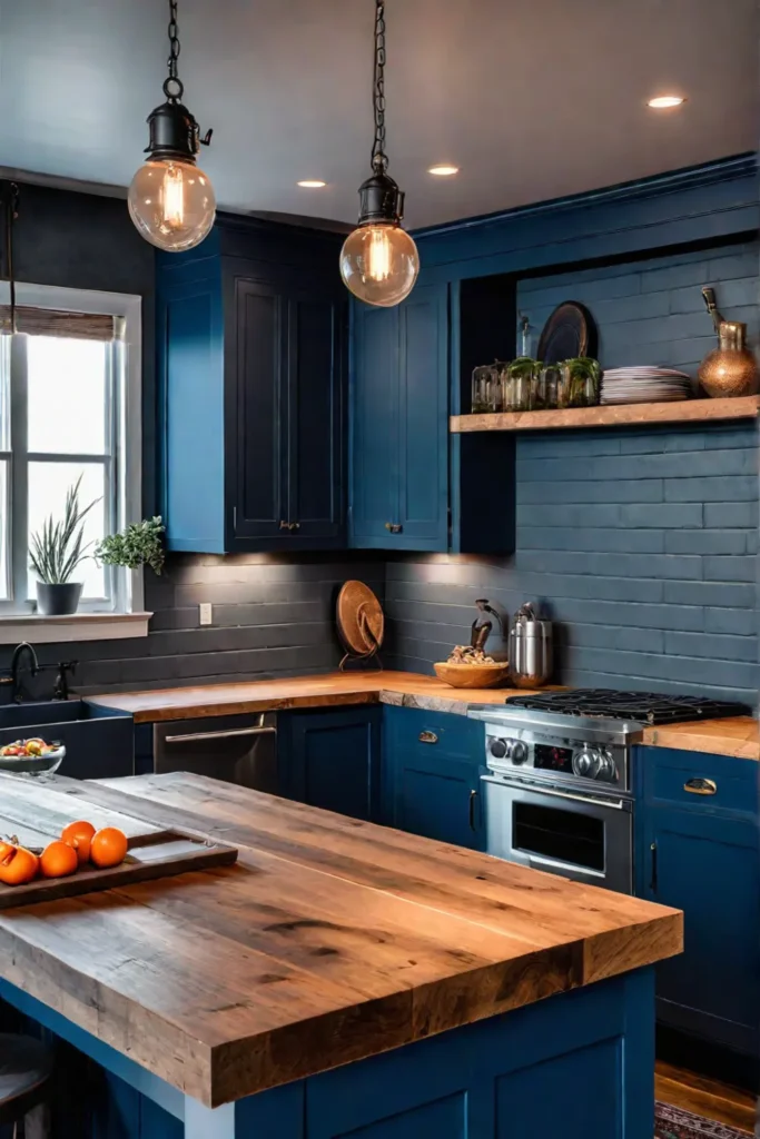farmhouse kitchen with navy cabinets and industrial lighting