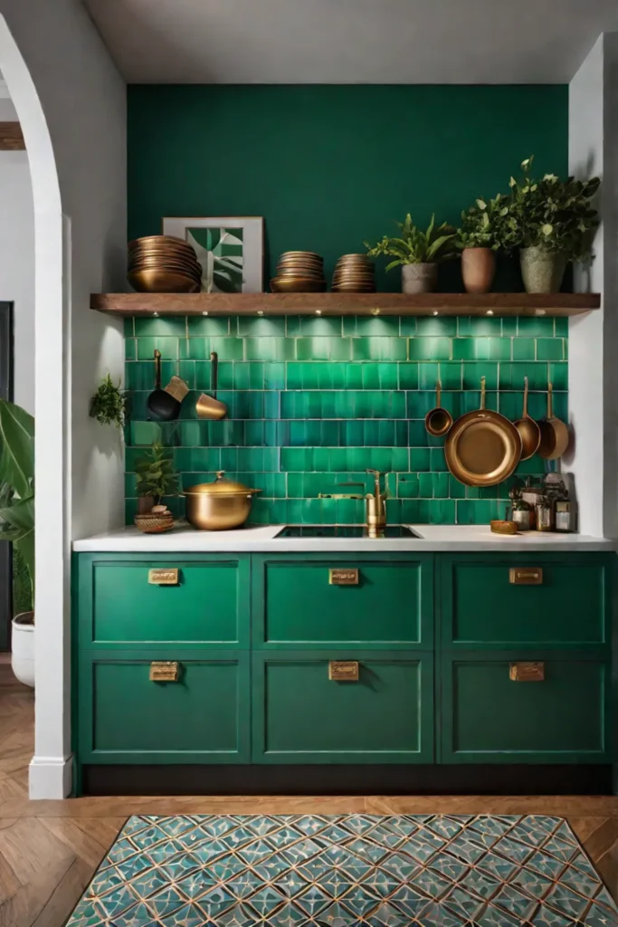 green cabinets patterned tile