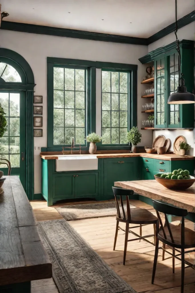 green farmhouse kitchen with natural light and rustic features
