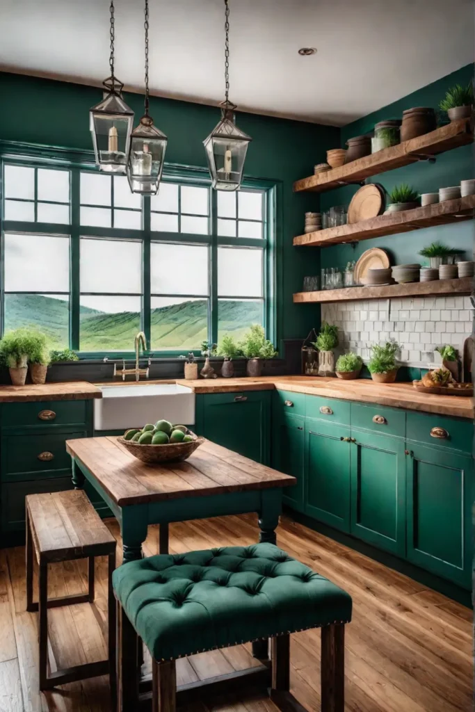 inviting farmhouse kitchen with vintage furniture and greenery
