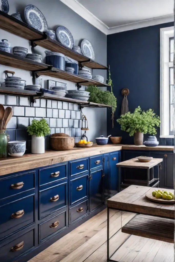 rustic kitchen with exposed brick and vintage enamelware