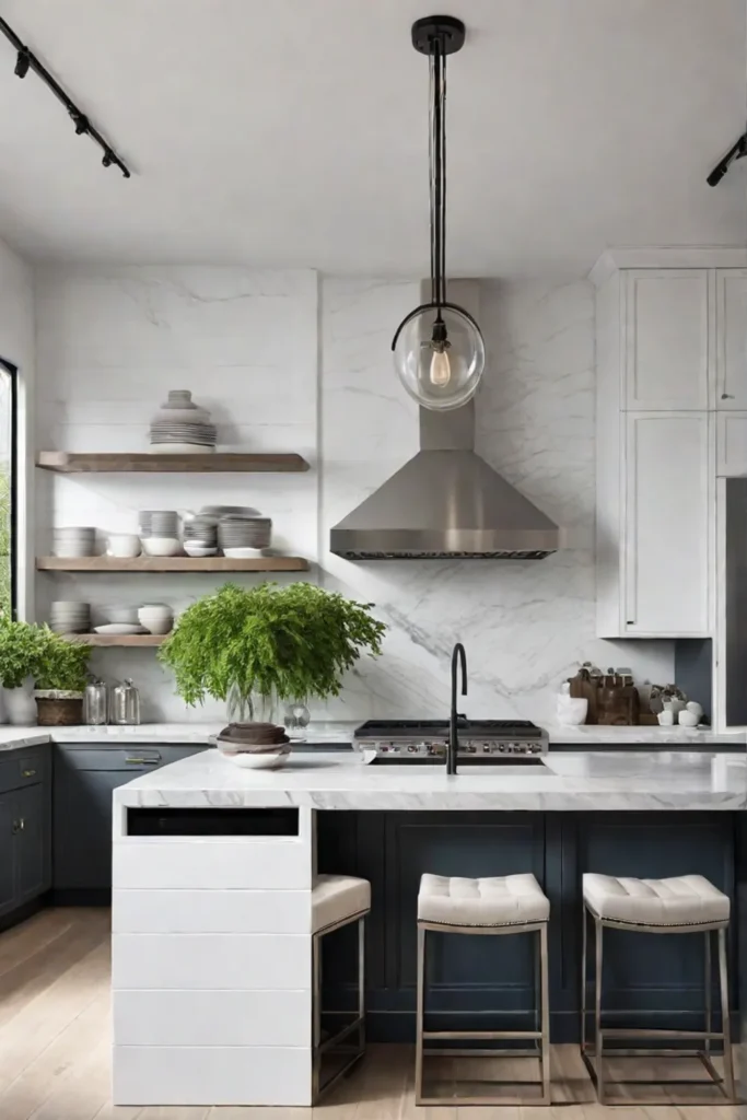 sleek farmhouse kitchen with minimalist design and greenery