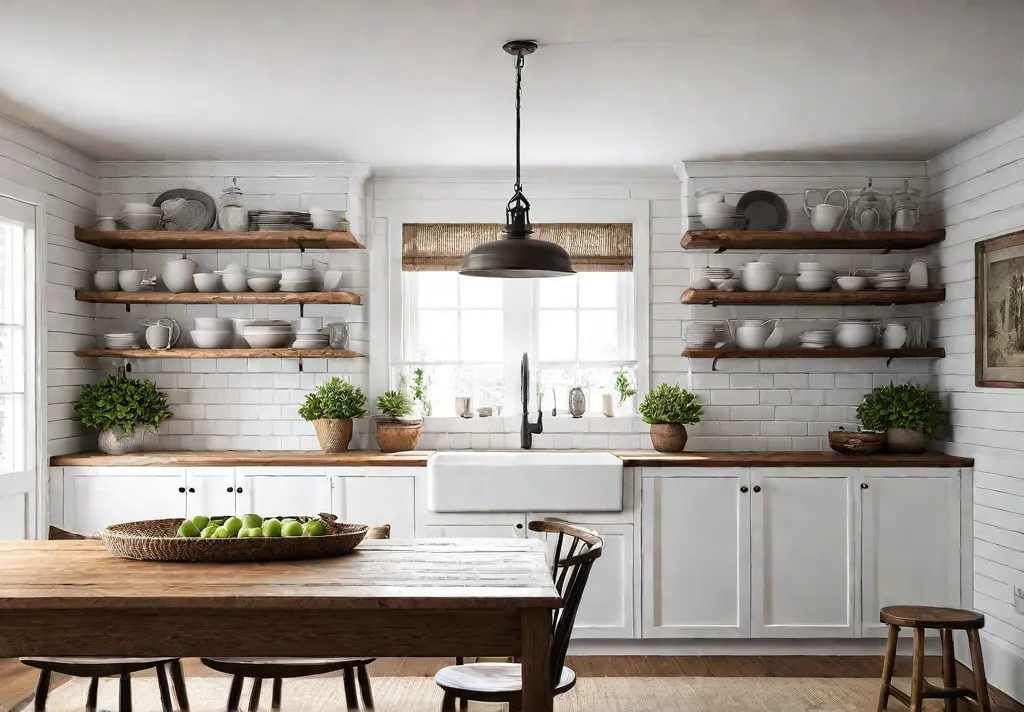 A charming cottage kitchen filled with natural light featuring open shelves withfeat