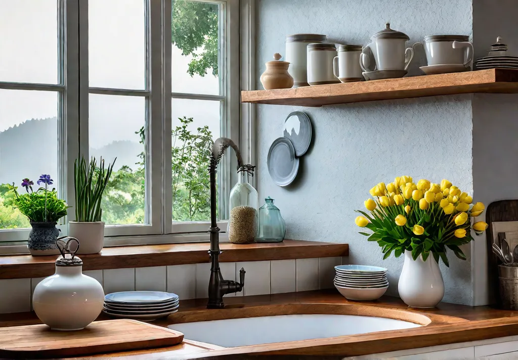A charming small cottage kitchen bathed in natural light featuring open shelvingfeat