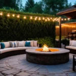 A circular stone fire pit area on a flagstone patio surrounded byfeat