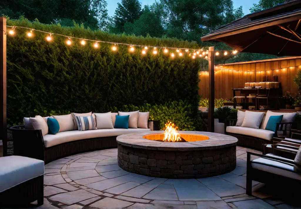 A circular stone fire pit area on a flagstone patio surrounded byfeat