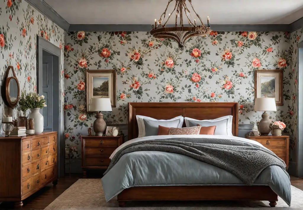 A cozy farmhouse style bedroom with floral wallpaper wood furniture and plentyfeat