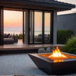 A serene backyard patio scene with a stylish fire pit as thefeat