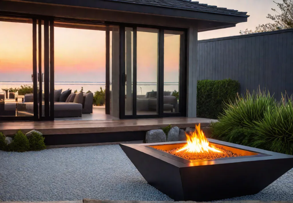 A serene backyard patio scene with a stylish fire pit as thefeat