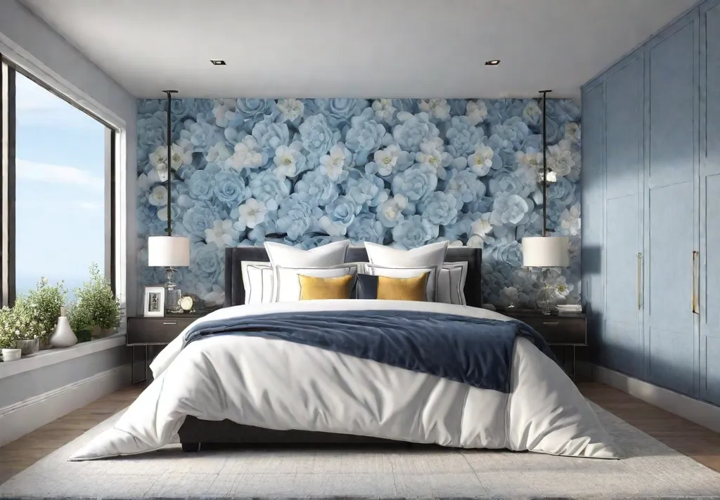 A serene bedroom sanctuary bathed in soft diffused sunlight featuring calming bluefeat