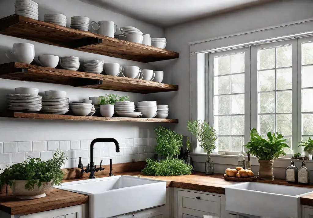 A sundrenched cottage kitchen with reclaimed wood open shelves displaying vintage dishwarefeat