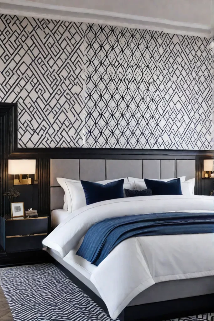 Bedroom with a geometric wallpaper feature wall