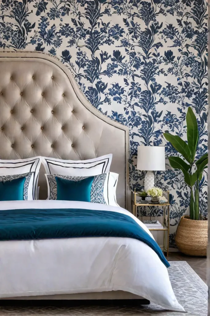Bedroom with eclectic wallpaper combination