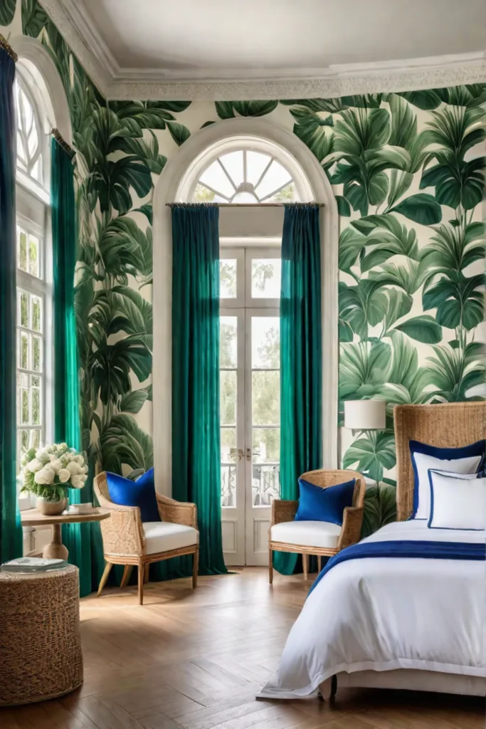 Beige bedroom with botanical wallpaper