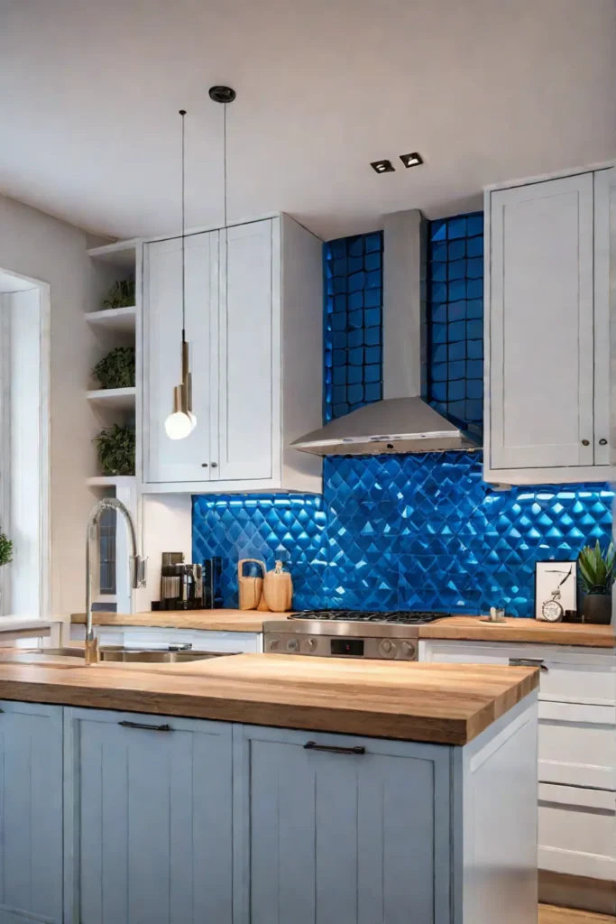 Blue backsplash in a neutral cottage kitchen
