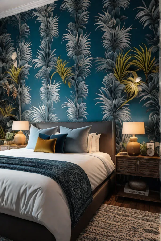 Bohemian bedroom with natureinspired wallpaper