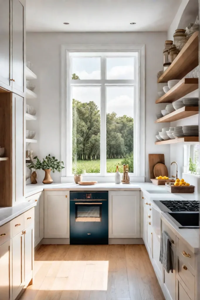 Cheerful cottage kitchen with white walls and open shelving