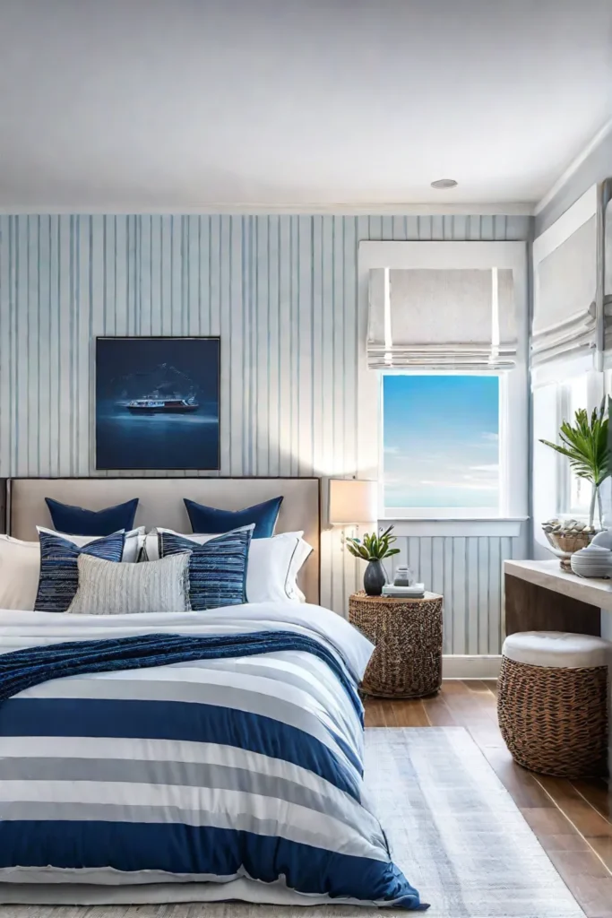 Coastal bedroom with blue and white wallpaper