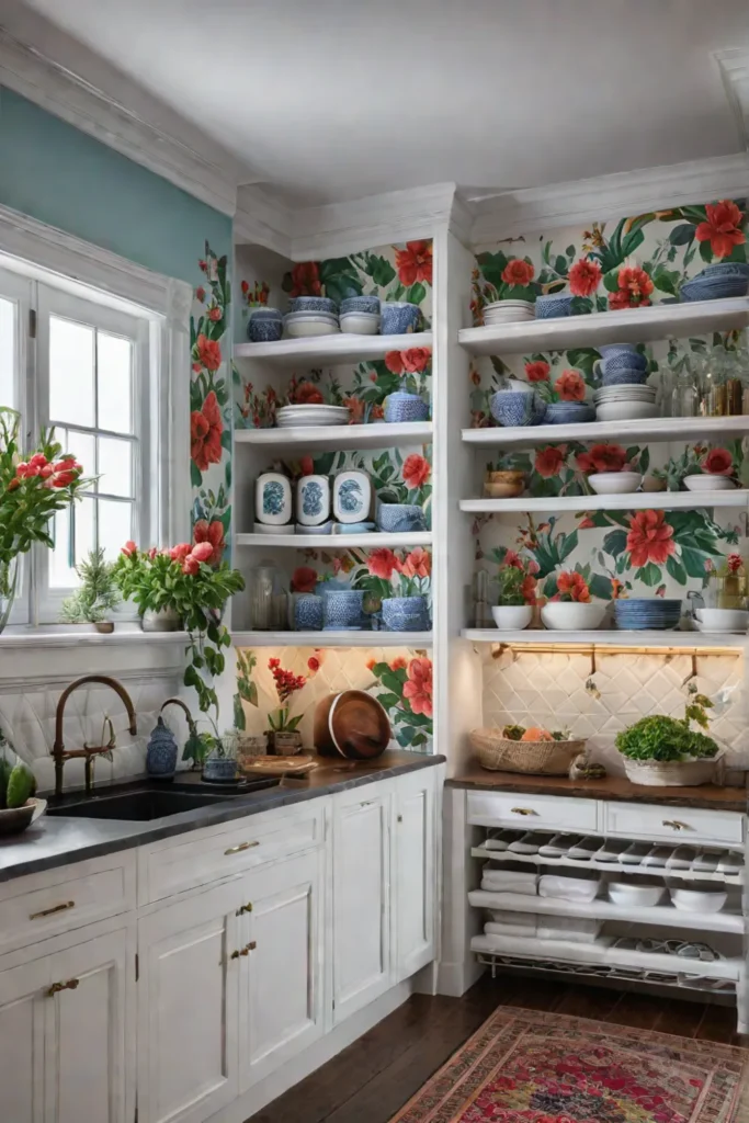 Colorful cottage kitchen design with floral patterns