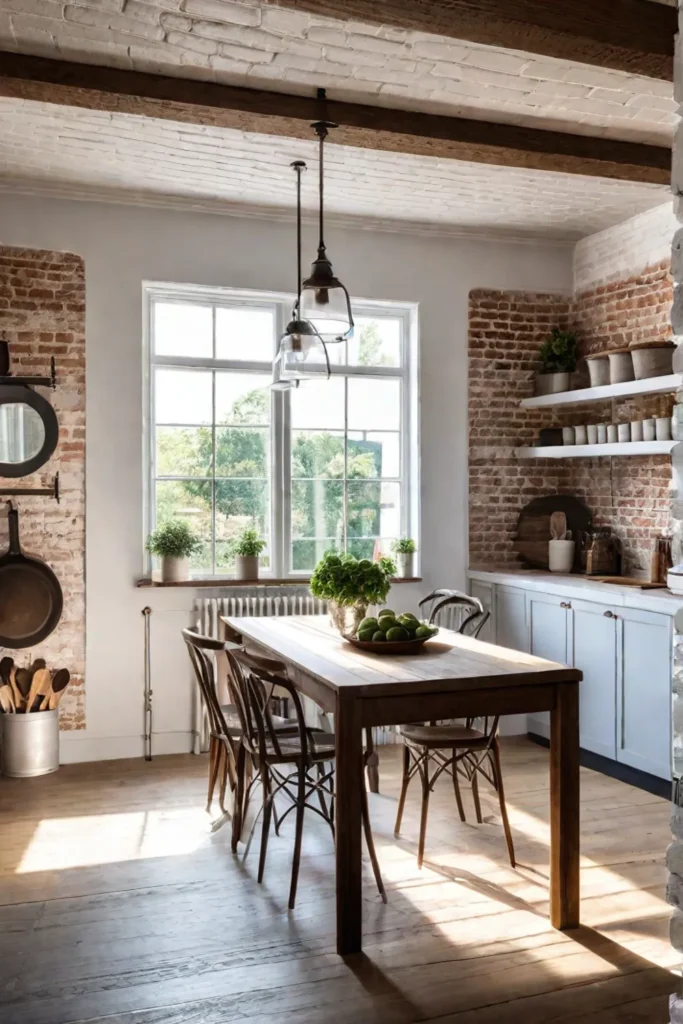 Cottage kitchen design with white brick walls