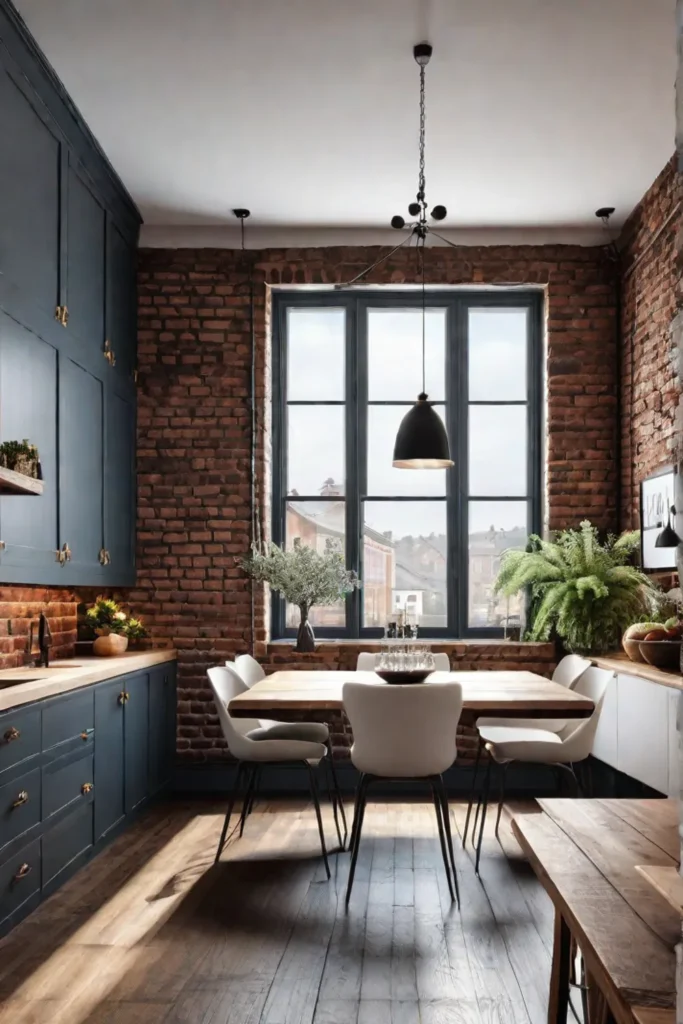Cottage kitchen interior design with brick accent