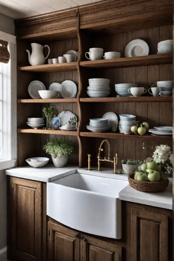 Cottage kitchen shelving ideas for displaying dishware