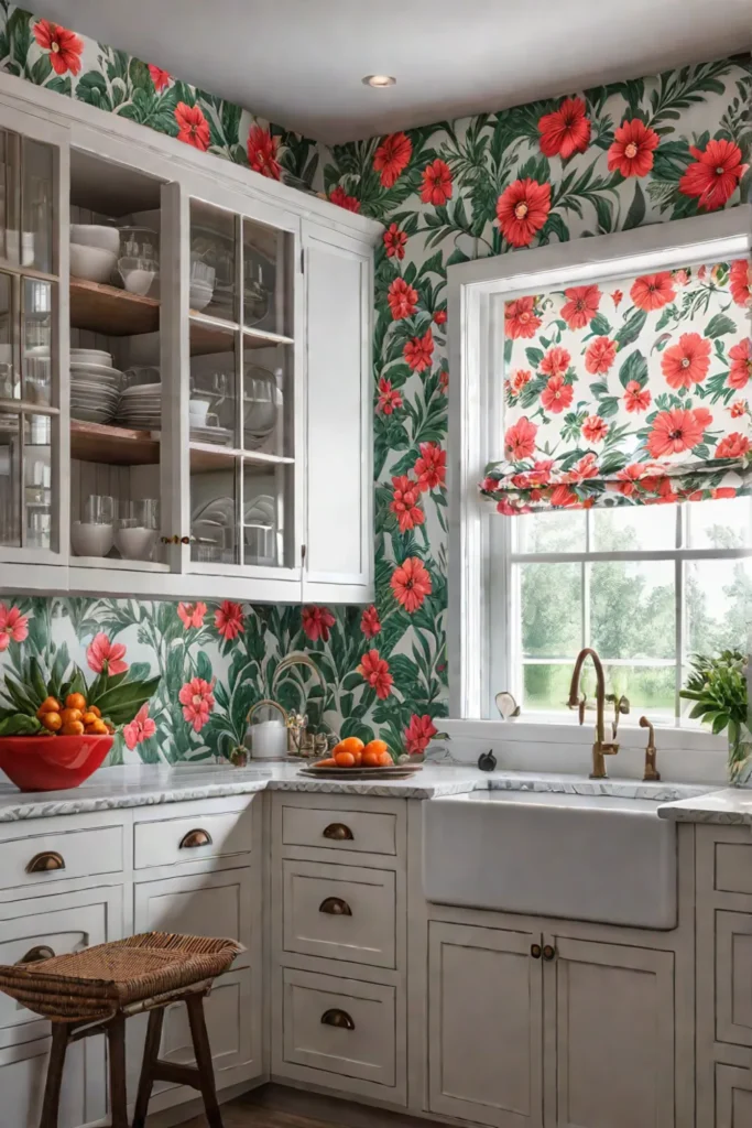 Cottage kitchen with floral wallpaper accent