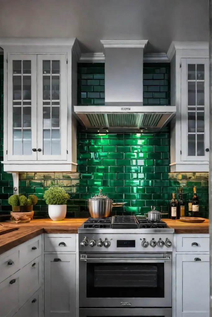 Cottage kitchen with green subway tile backsplash