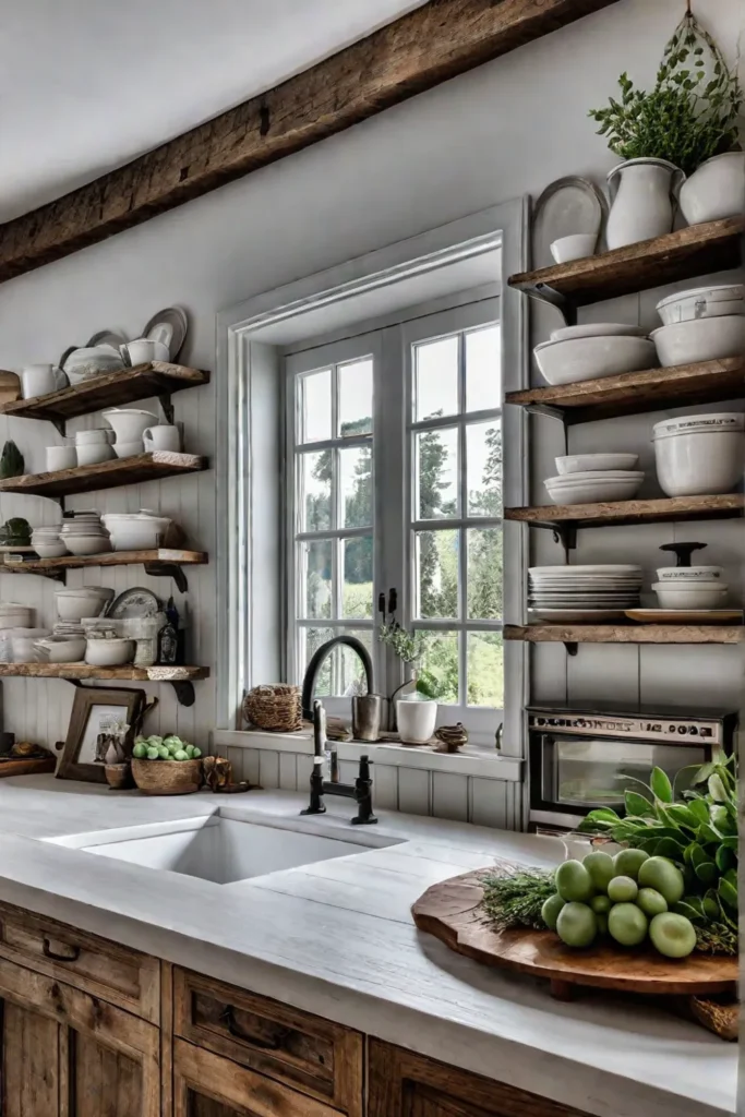 Cottage kitchen with mixed shelving