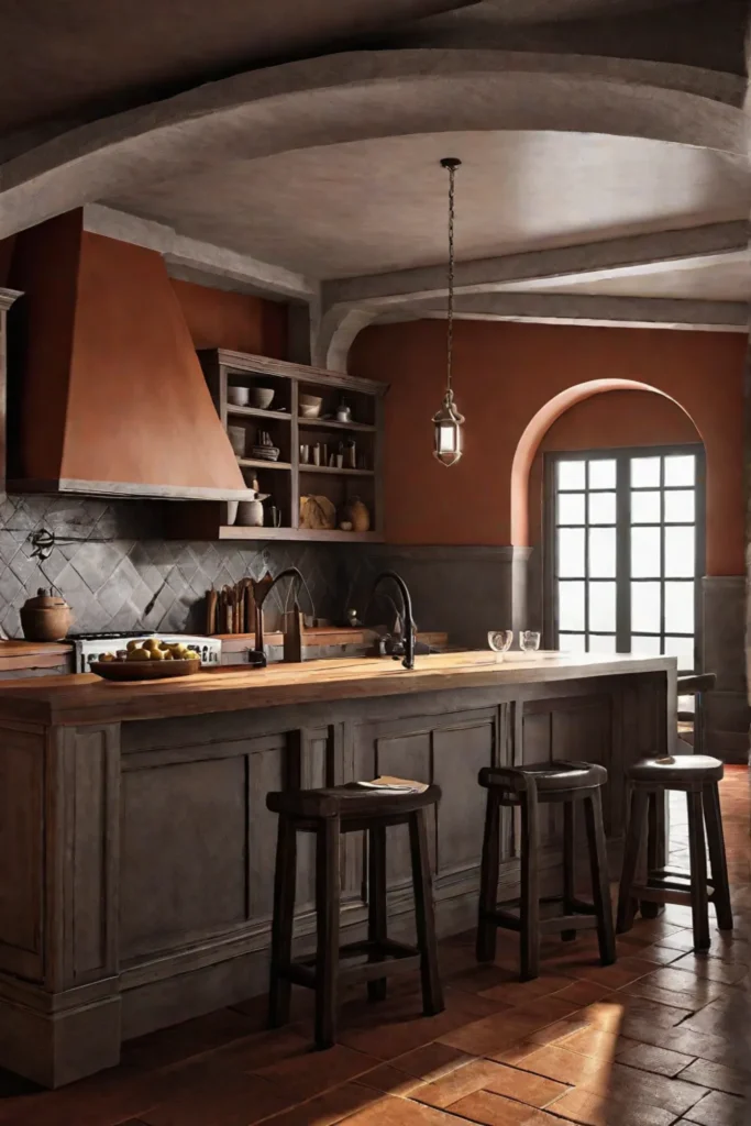 Cottage kitchen with textured terracotta walls