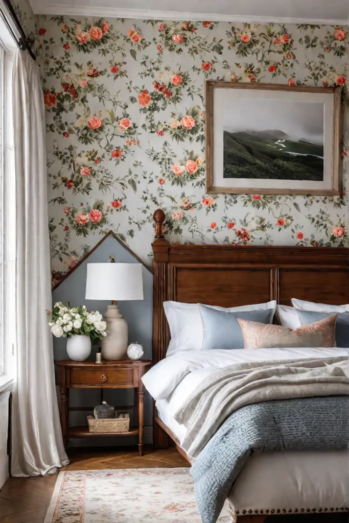 Cozy bedroom with floral wallpaper