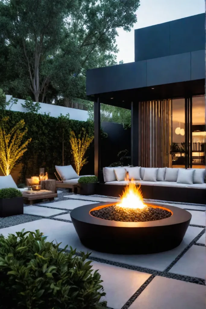 Cozy fire pit seating area in a green oasis