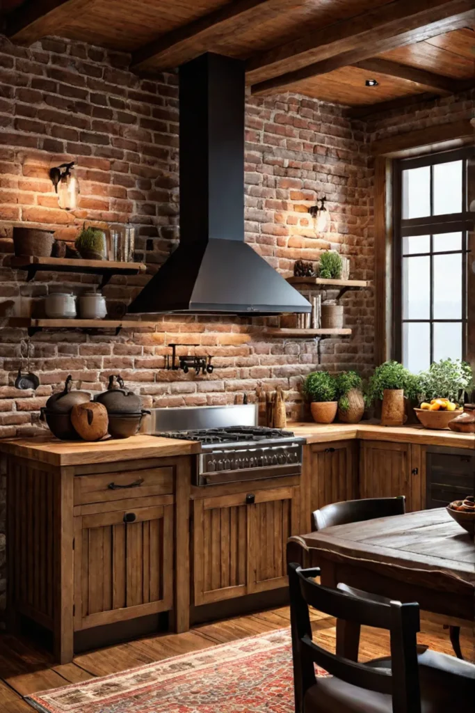 Eclectic cottage kitchen with brick and beadboard