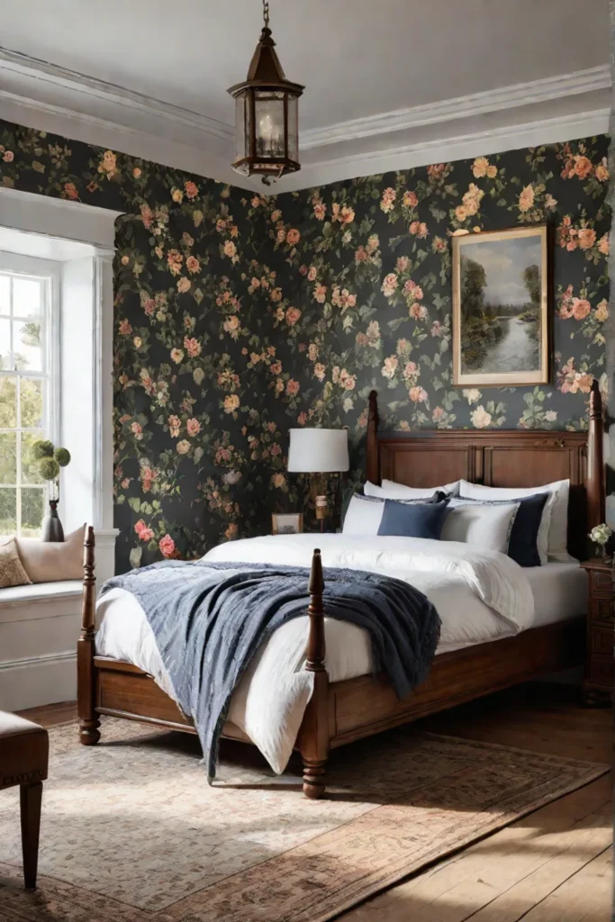 Farmhouse bedroom with floral wallpaper