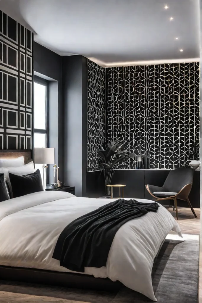 Geometric wallpaper in bedroom
