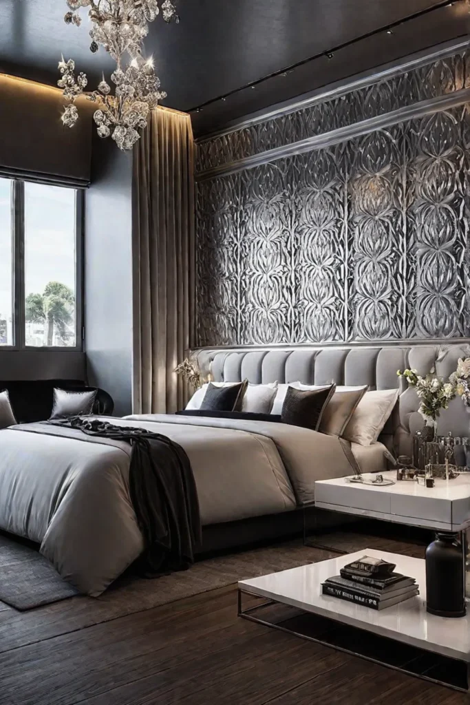 Glamorous bedroom with metallic wallpaper