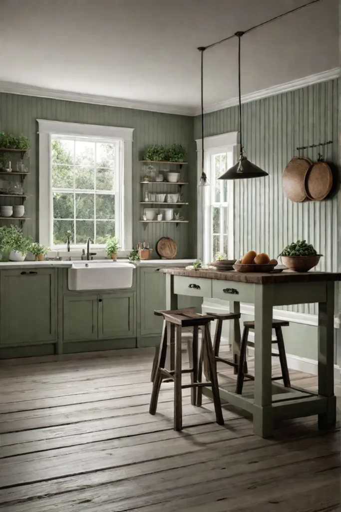 Green and white cottage kitchen with beadboard