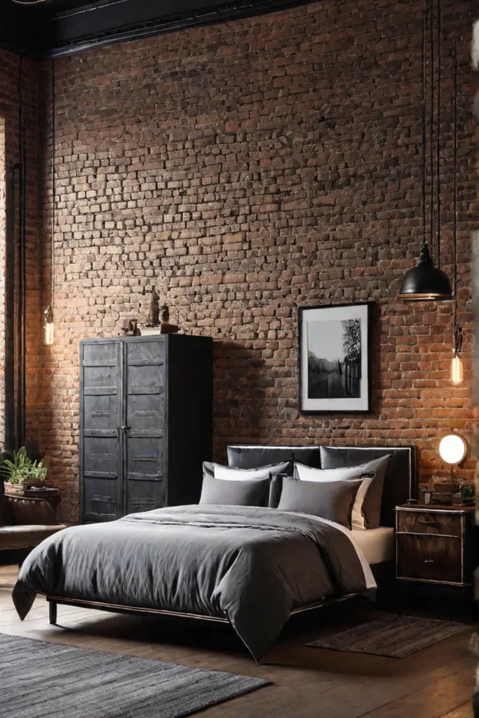 Industrial bedroom with exposed brick wallpaper
