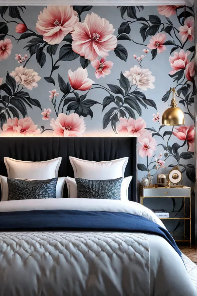 Luxurious bedroom with floral wallpaper