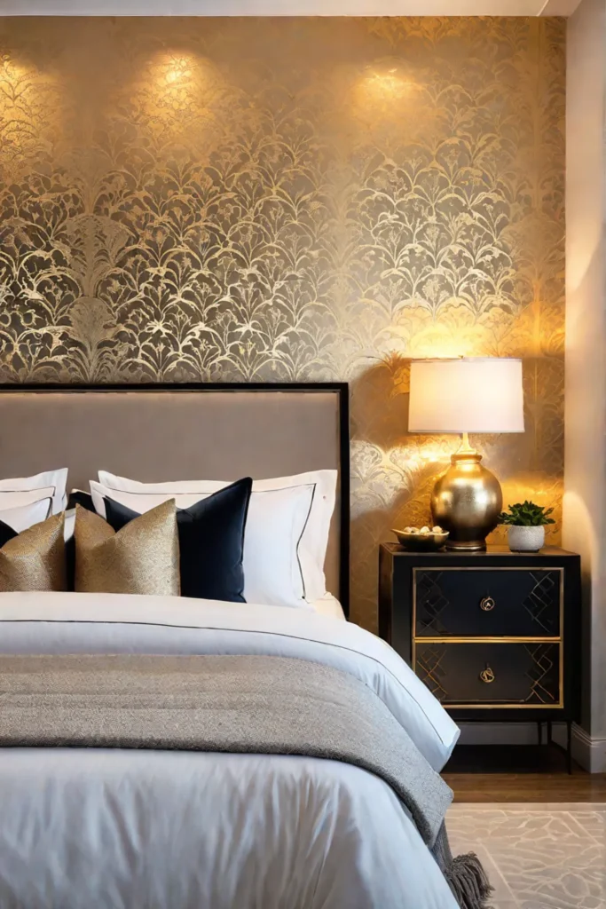 Luxurious bedroom with metallic wallpaper