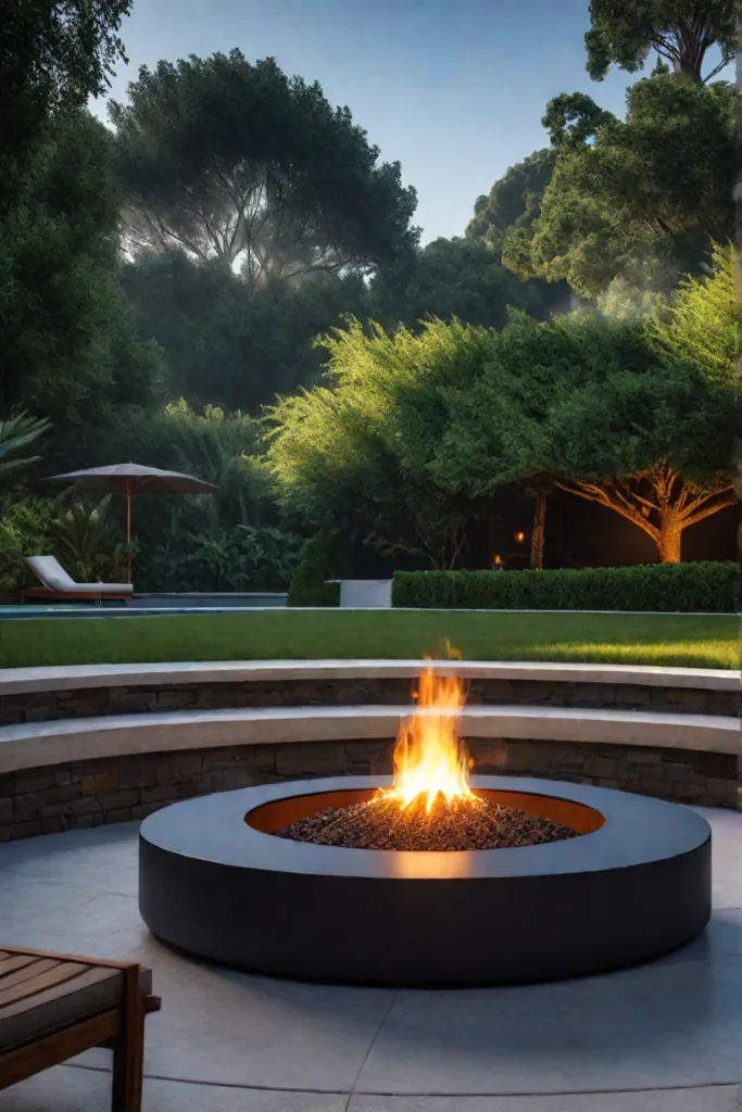 Luxury backyard outdoor living space fire pit ambiance