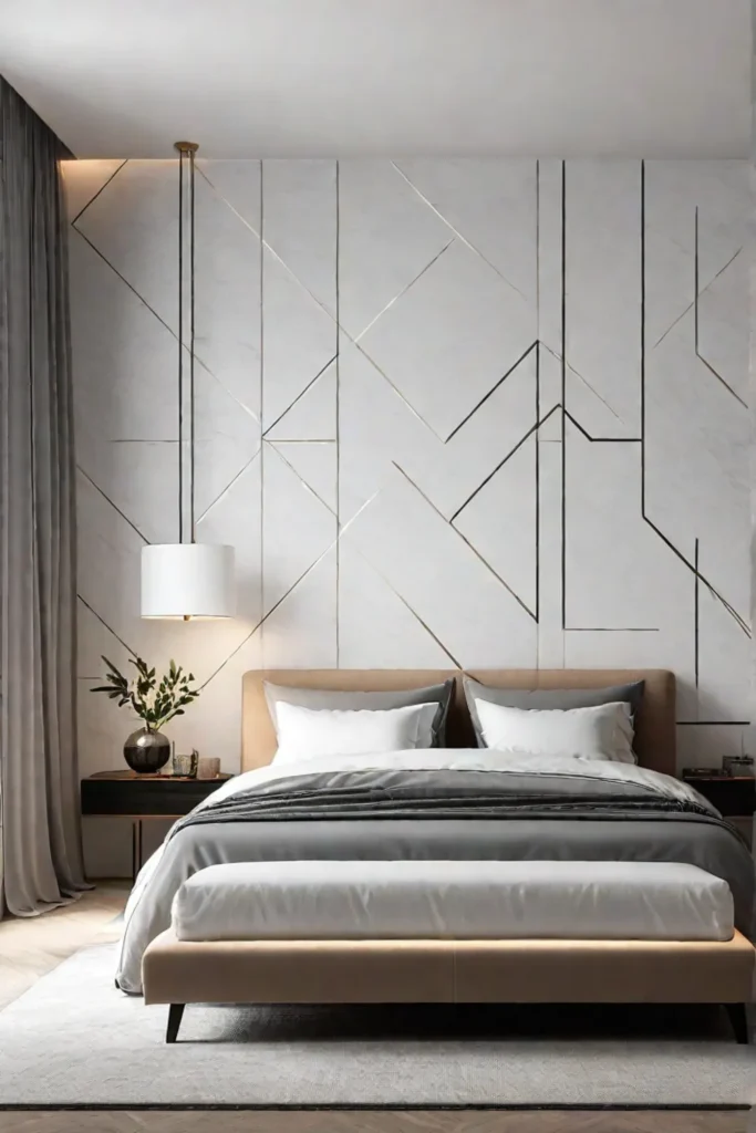 Minimalist bedroom with geometric wallpaper