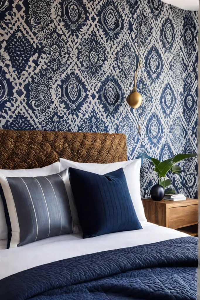 Mixed patterns and textures in bedroom wallpaper