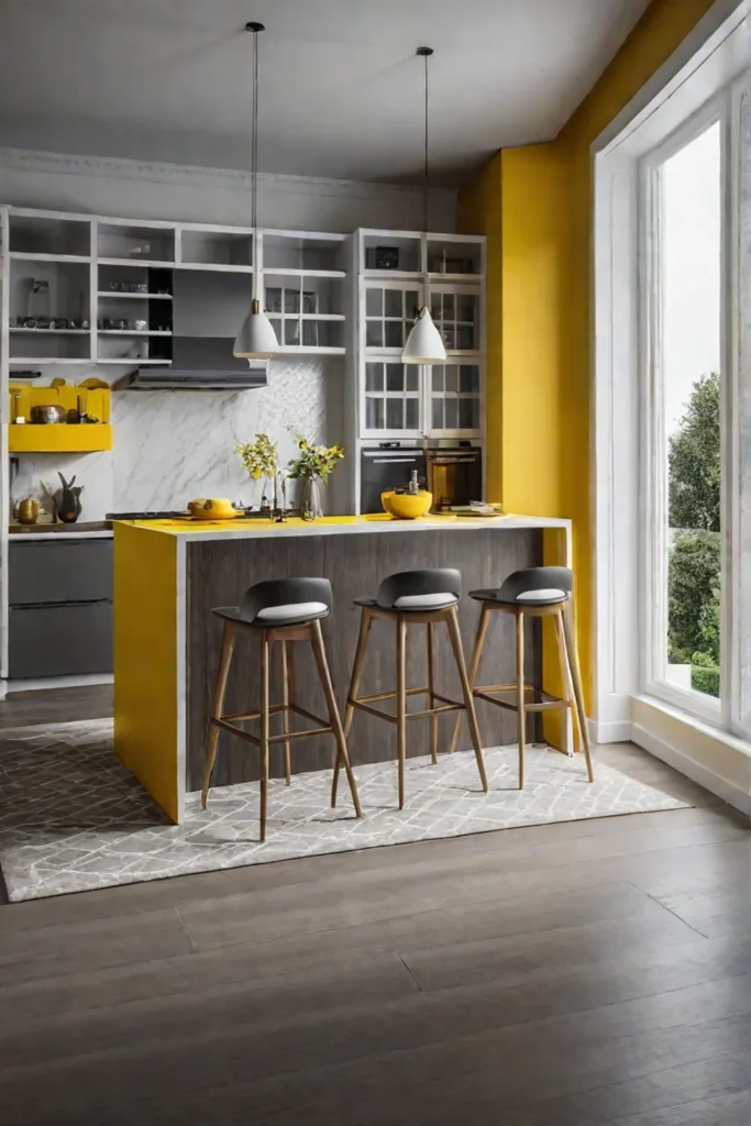 Neutral cottage kitchen with a yellow island